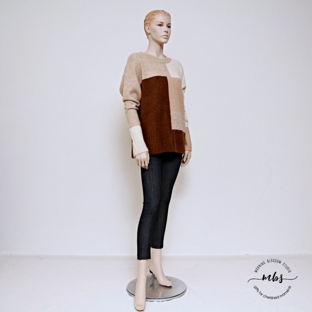 NWT Grade & Gather Colorblock Patchwork Oversized Sweater Brown Cream Women L